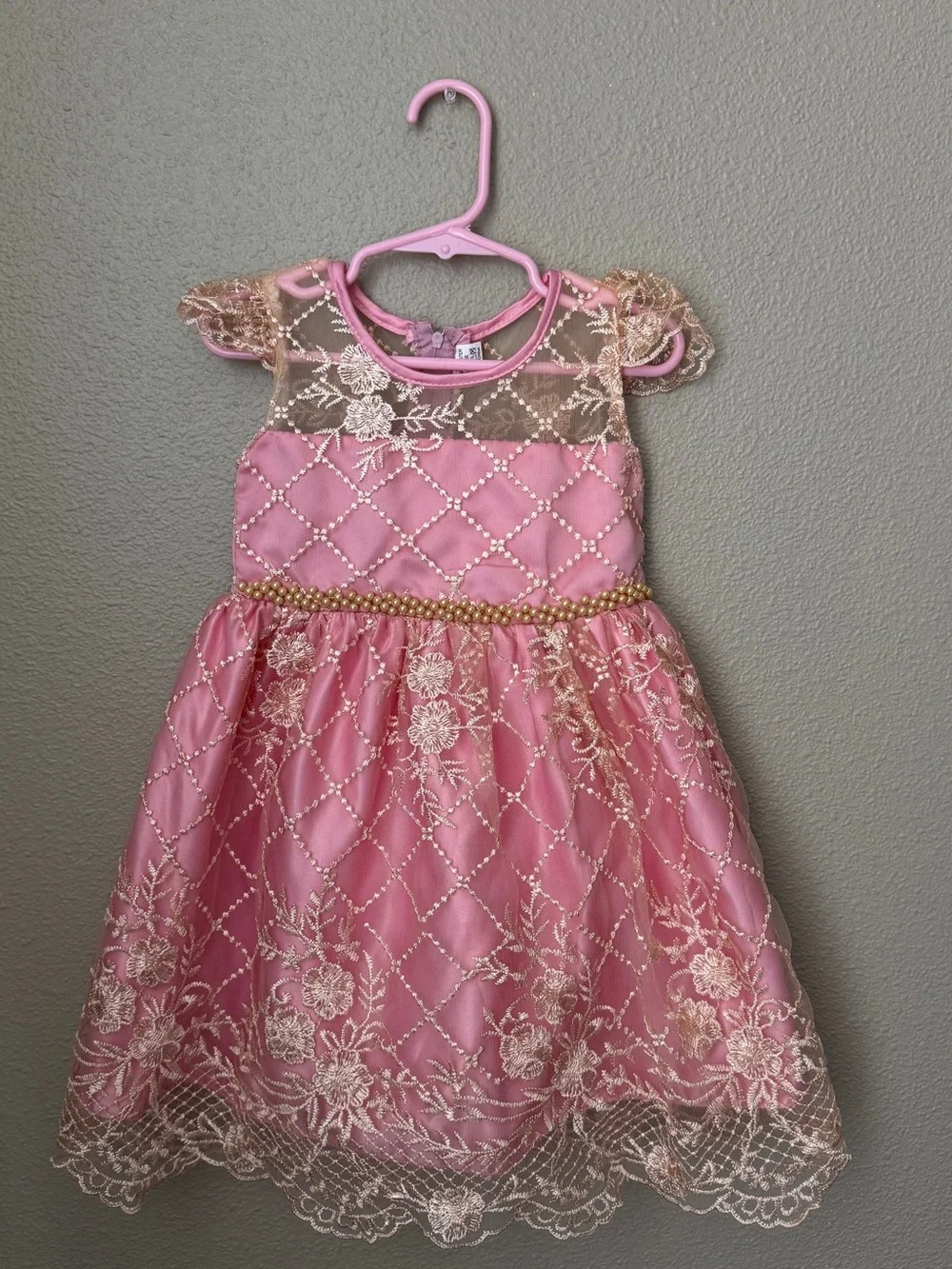 Girls Pink Lace Party Dress with Gold Embroidery